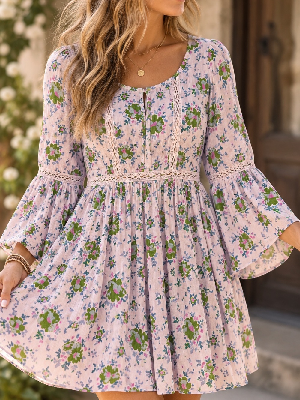 Matilda Jane Floral Boho Bell Sleeve Mini Dress Pink Green Large
